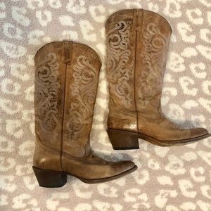 Women’s Tan Leather Cowboy Boots White Stitching 9